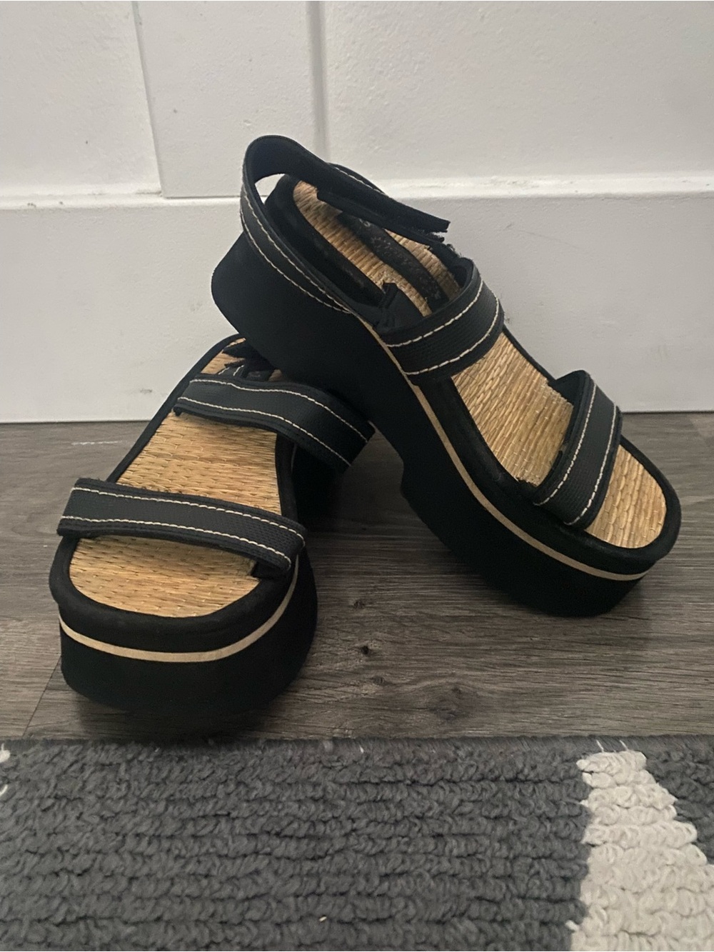 Vintage 90s LOWER EAST SIDE Chunky Platform Sandal 6 Y2K faux black suede bamboo